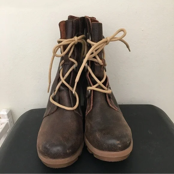Sorel Joan of Arctic Burro (Brown) Leather Wedge Mid High Bootie Lace Up Boot - Picture 4 of 8